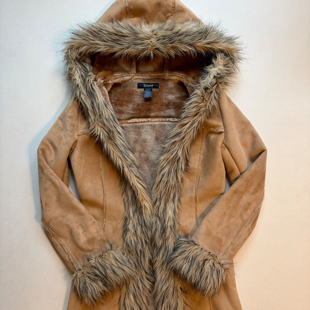 Taunt Faux Suede Penny Lane Coat S Tan Good Faux Fur Trim Hooded Afghan Jacket